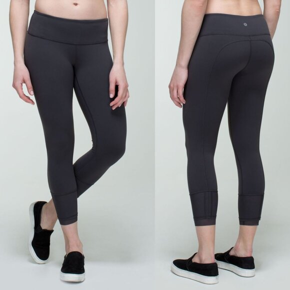 Lululemon Dark Gray Luon Mid Rise Ruched Mesh Ankle Leggings - Picture 1 of 6
